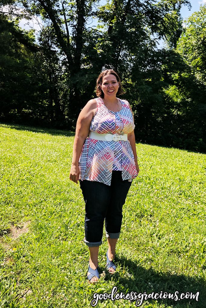 Plus Size Clothing: Belted Flowy Tank from Dia & Co with Boyfriend Jeans