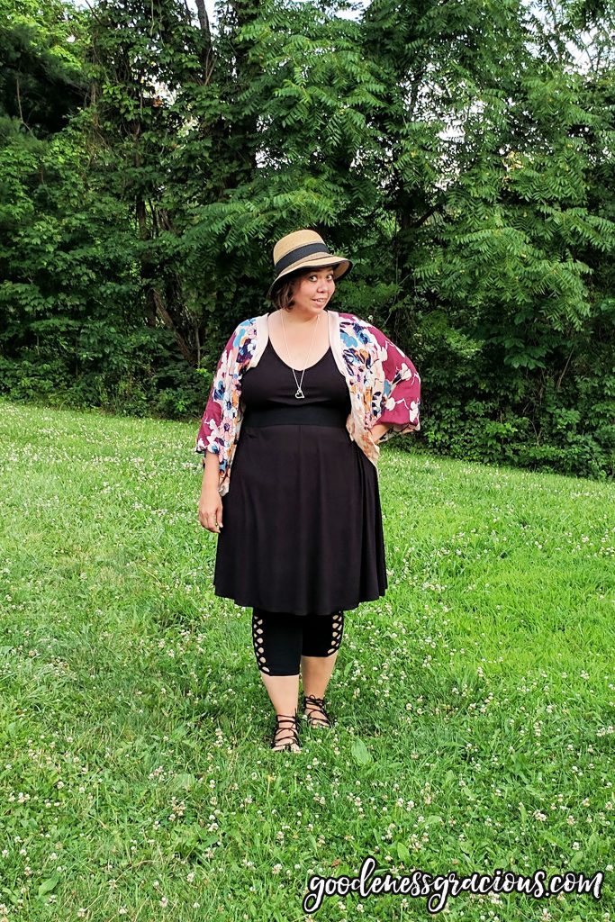 Plus Size Clothing - Black T-Shirt Dress with Leggings and Kimono