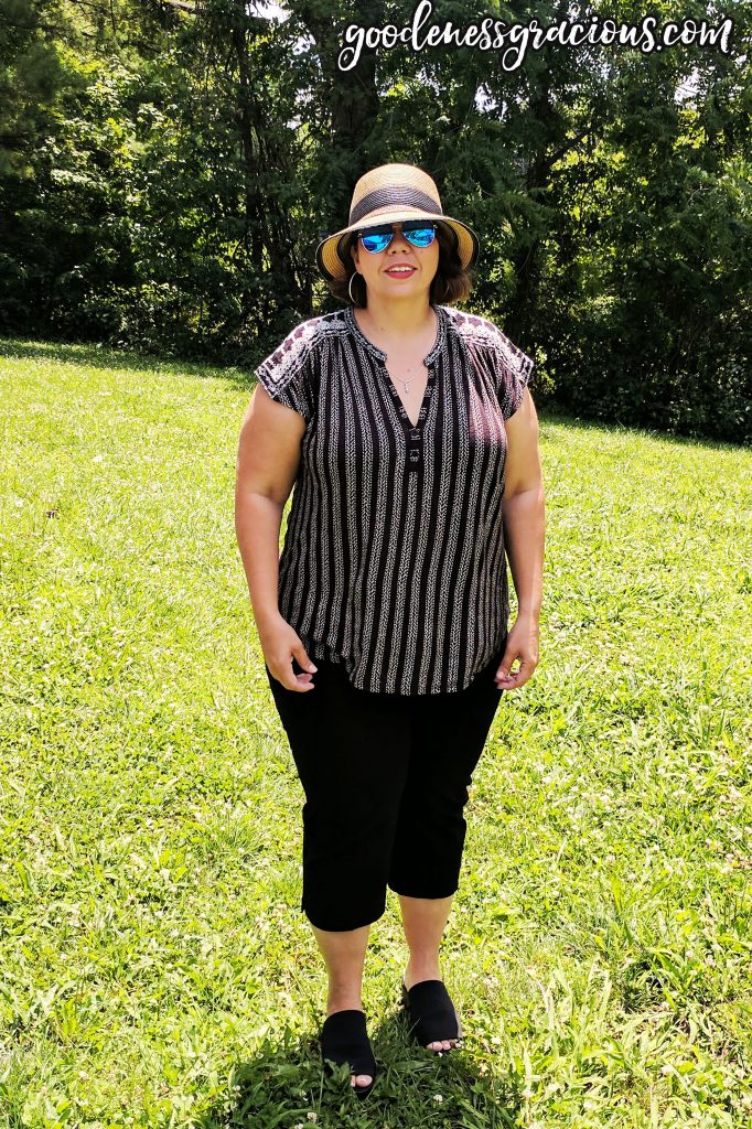 Plus Size Lucky Brand Blouse with Black Capris and Steve Madden Slides