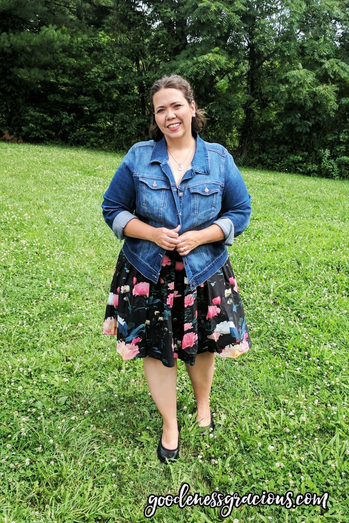 Plus Size Fit and Flare Dress: Light Weight Floral Dress from City Chic and Jean Jacket from Dia & Co