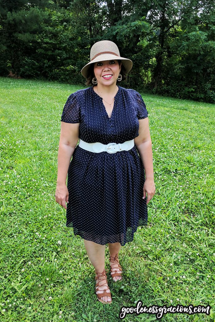 Cute Plus Size Clothing - Blue Dot Dress (Dressbarn), Hat and White Belt 