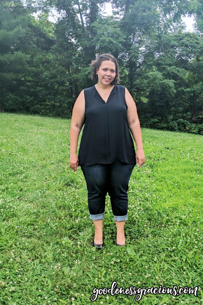 Plus Size Clothing: Black Tank with Boyfriend Jeans and Black Wedges